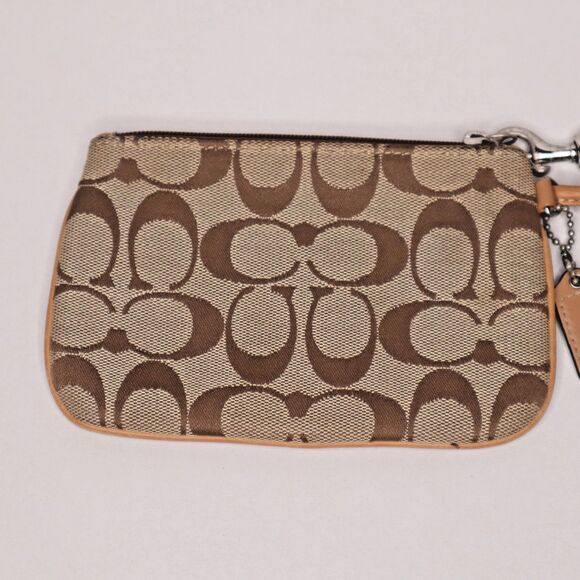 Coach Monogram Jacquard Wristlet Tan with Leather Strap Zip Closure 6.5in x 4in - Picture 3 of 7